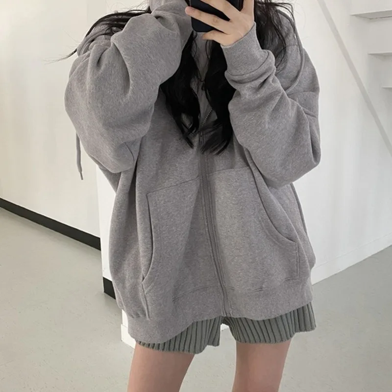 Casual Zipper Sweatshirts For Women Hoodies Solid Color Pocket Loose Spring Winter Streetwear Warm Women Clothing Sweatshirts