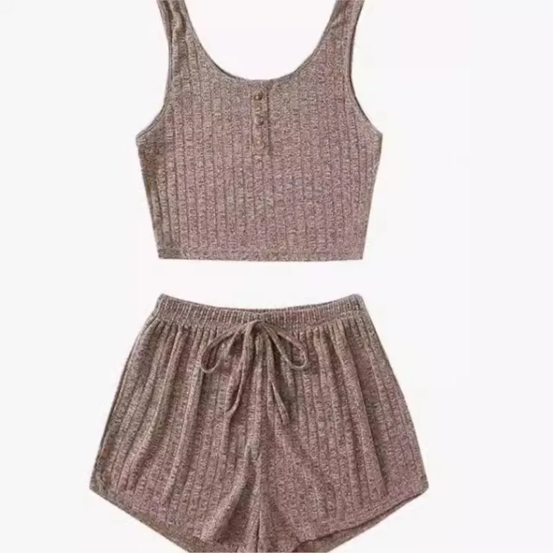 

Casual solid color round neck button up tank top+drawstring shorts 2025 summer women elegant home wear two-piece set