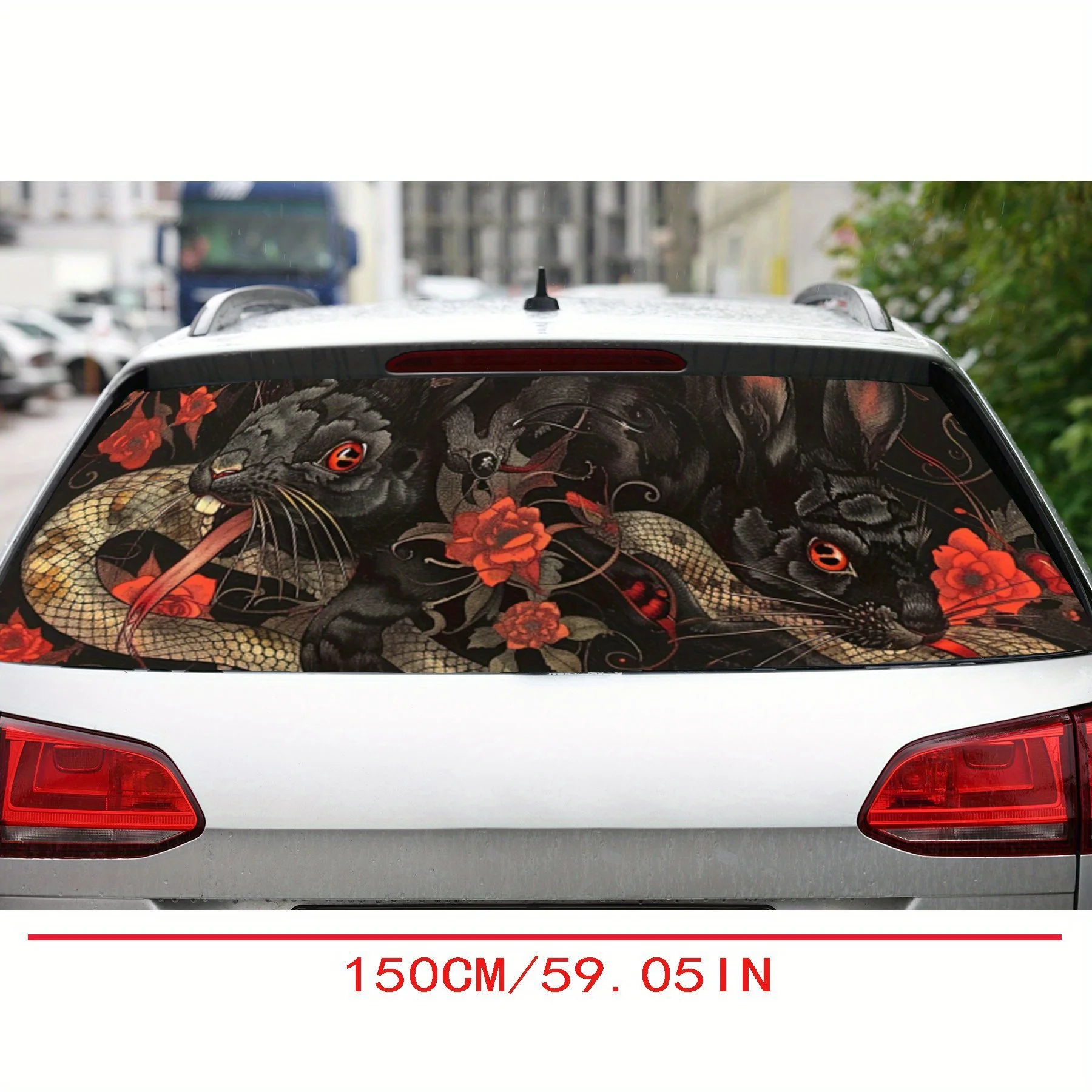 Black rabbit snake with red flowers PVC Perforated Car Vinyl Wraps, Privacy Enhancing Design for Rear Window, Car Rear Windshiel