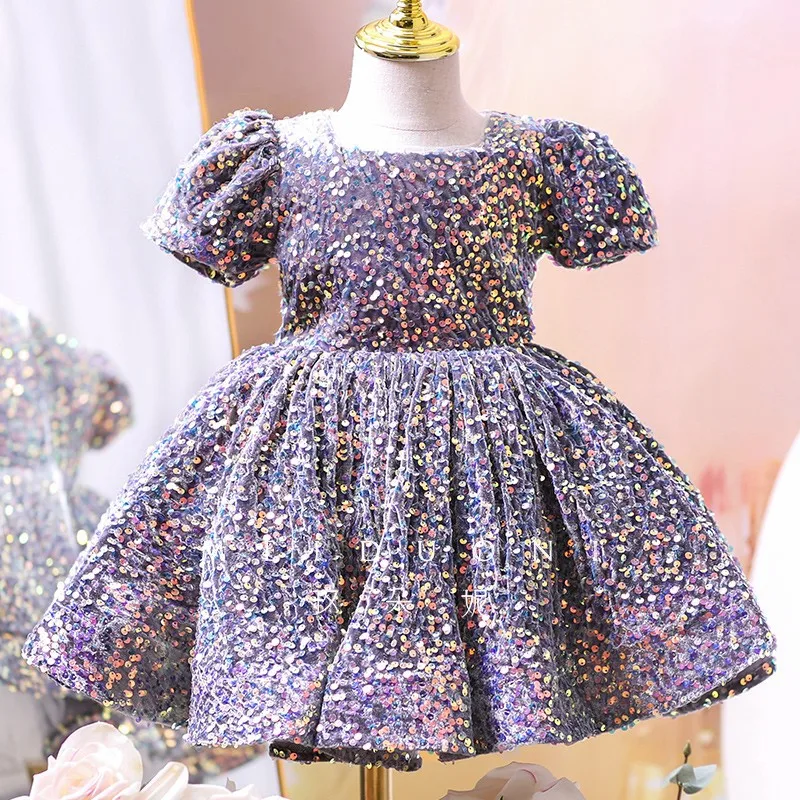 Puffy Princess Dress for Girls Sequin Purple Kids Dresses Children Clothing Girl Wedding Party 8 14 Years Elegant Catwalk Show