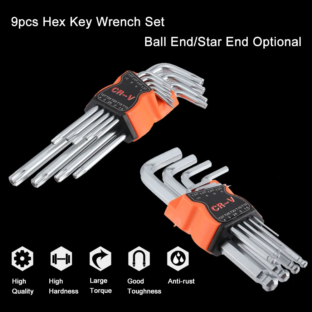 Professional 9pcs Hex Key Wrench Set Allen L Double-End Screwdriver Ball Star for Vehicle Appliance Repair Tool Accessory