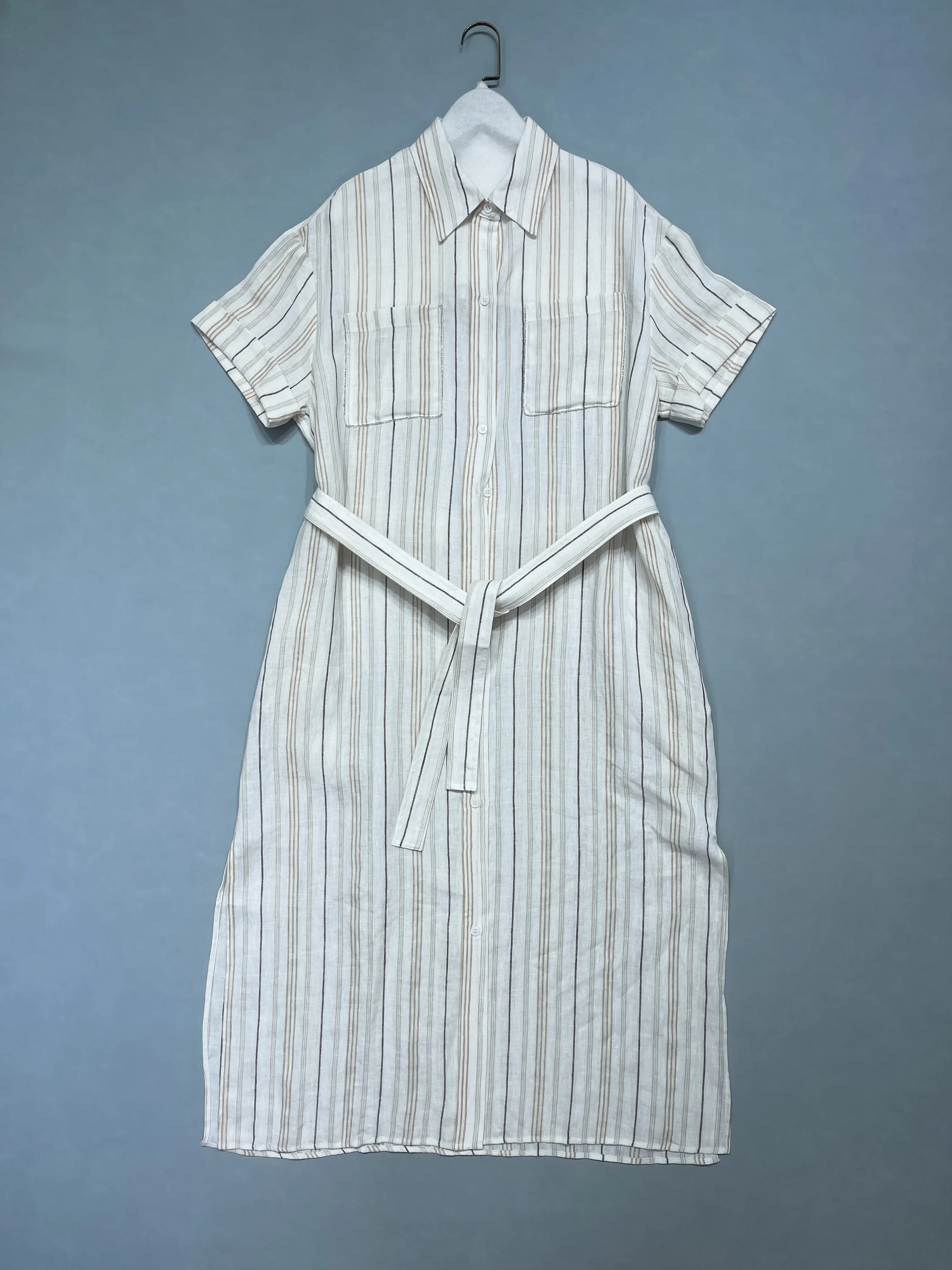 봄과 여름 새로운 고품질 패션 포켓 체인 세로 줄무늬 벨트 셔츠 드레스 여성