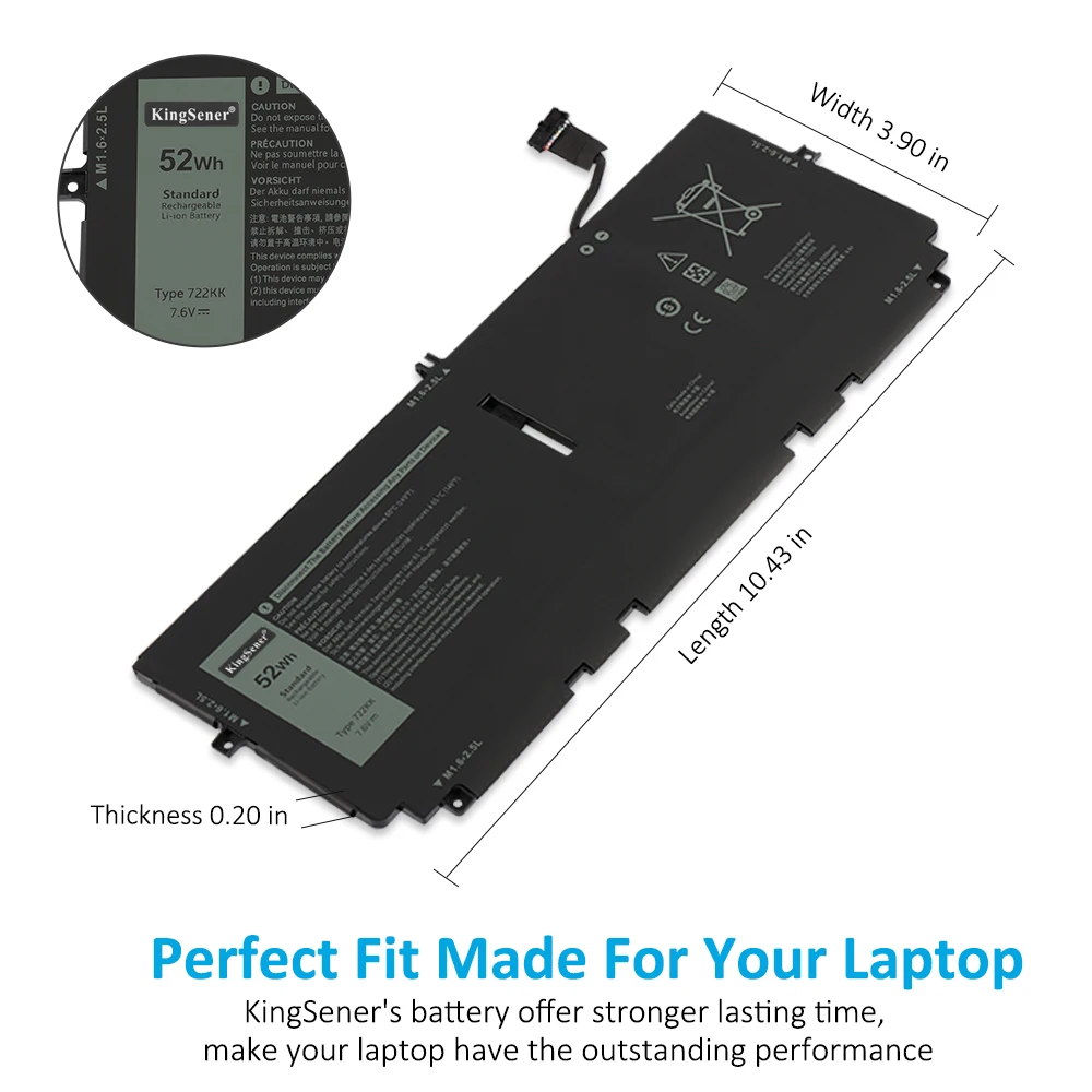 KingSener 722KK بطارية كمبيوتر محمول لديل XPS 13 9300 9310 9380 سلسلة P117G P117G001 P117G002 2XXFW FP86V WN0N0 7.6V 52Wh