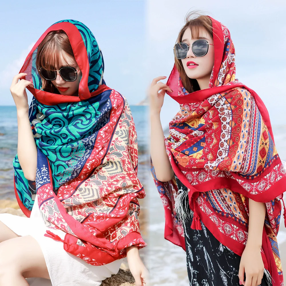 Mantle Beach Scarf Summer Ethnic Style Tourism Simulation Silk Scarf Sunscreen Cape Big Shawl Women's Beach Print Cloak Lady P1