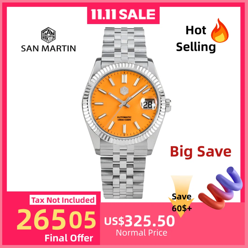 

San Martin Watch For Men Mechanical Watches Waterproof 36.5mm Wristwatch Luxury Automatic Date Sapphire Glass Lume 10Bar SN0058x