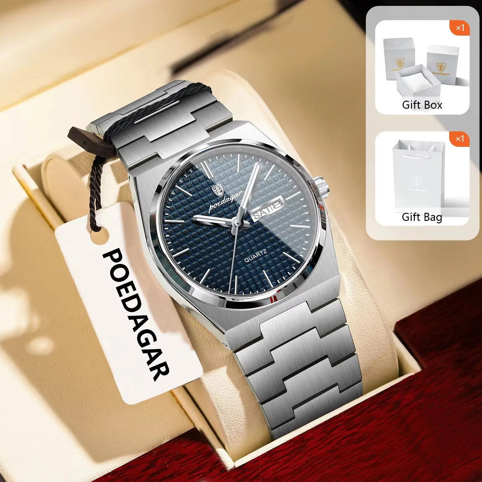 POEDAGAR Luxury Man Quartz Watch Luminous Waterproof Stainless Steel Men Wristwatch Date Week Business Men's Fashion Watches+Box