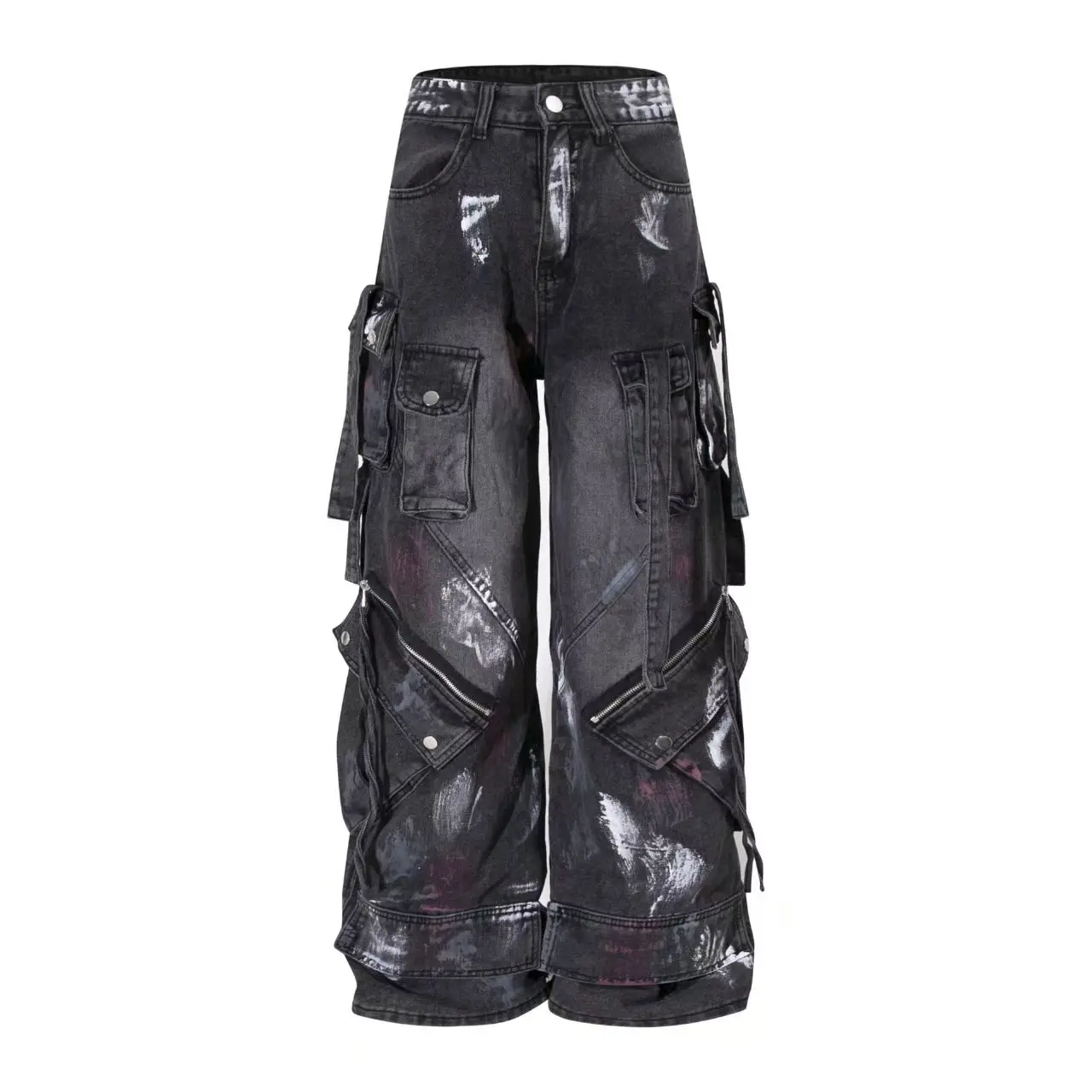 Calças Jeans Pretas Lavadas Estilo Y2K Harajuku Gótico Americano dos Anos 2000 com Múltiplos Bolsos para Homens e Mulheres, Oversize, Hip Hop, Perna L
