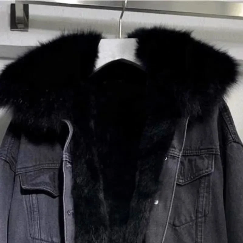 Winter Warm Coats for Women Big Fur Collar Denim Jacket Basic Coat Female Cold Motorcycle Outerwear Fleece Thick Padded Overcoat