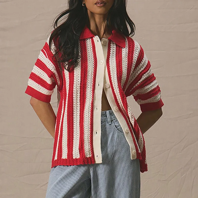 

Contrast Color Design Button Summer Women's Shirt Elegant Lapel Short Sleeved Loose T-shirt New Knitted Island Vacation Top Tees