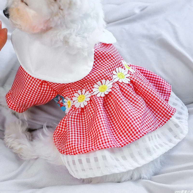 1PC Pet Apparel Dog Cat Red Plaid Ladybug Daisy Flower Lace Princess Dress Spring/Summer Thin Fit for Small and Medium sized Dog