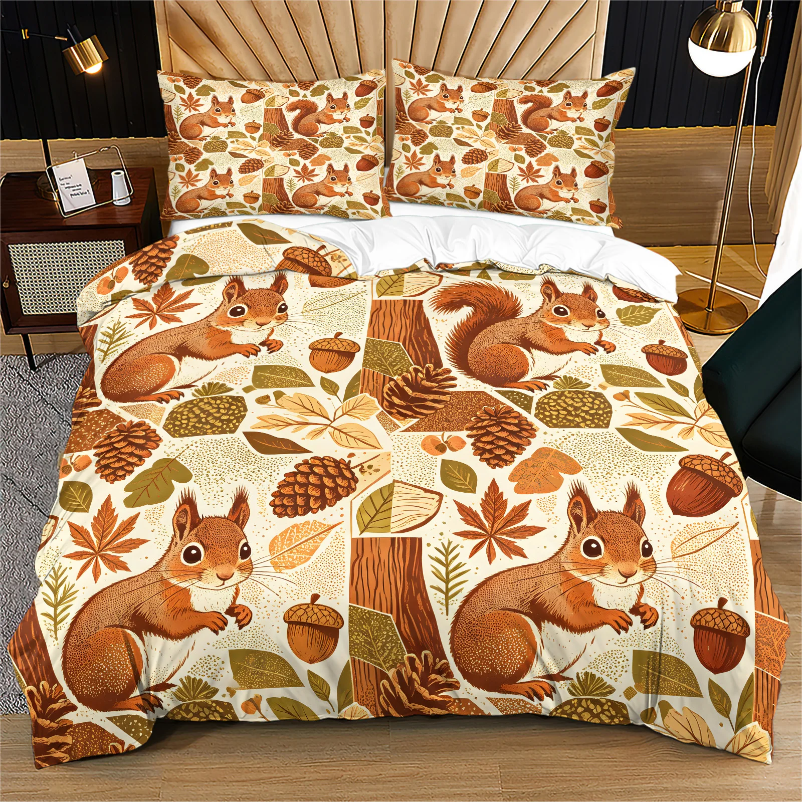 Vintage Patchwork Squirrel Duvet Cover Set Autumn Forest Acorn Pinecone Maple Leaf Print Bedding Set All Season Decor Bedding