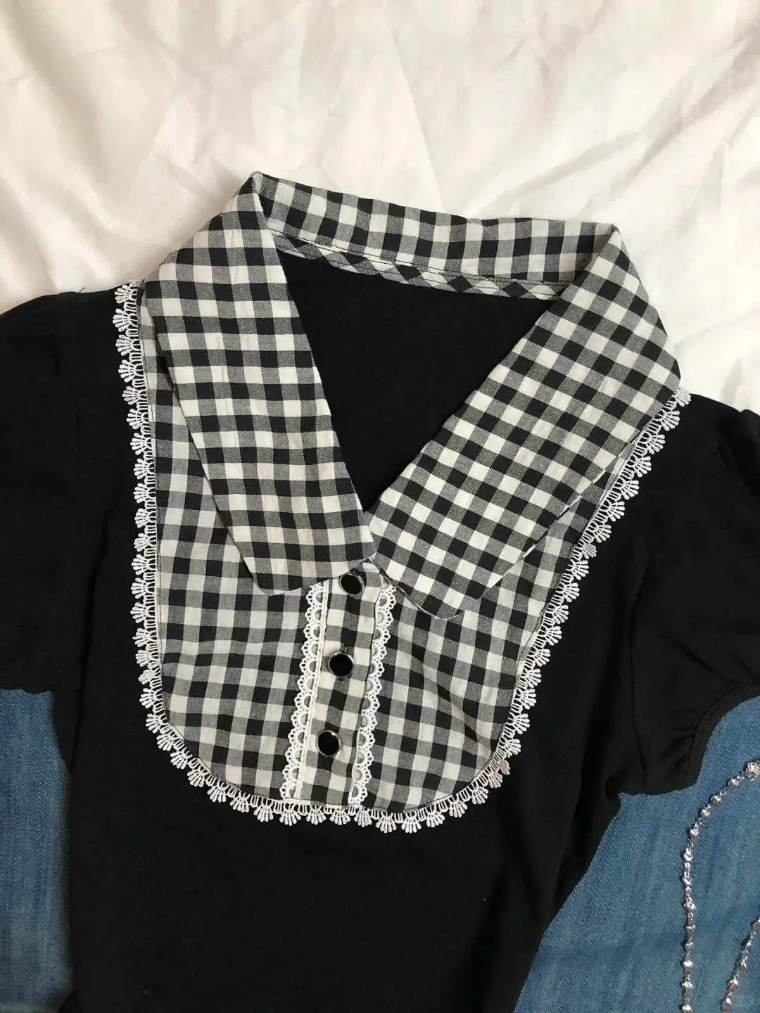 Women Y2K Gingham Polo Shirt Vintage Black White Checkered Short Sleeve Lace Trim Casual Tee Streetwear Crop Top Polo Mujer