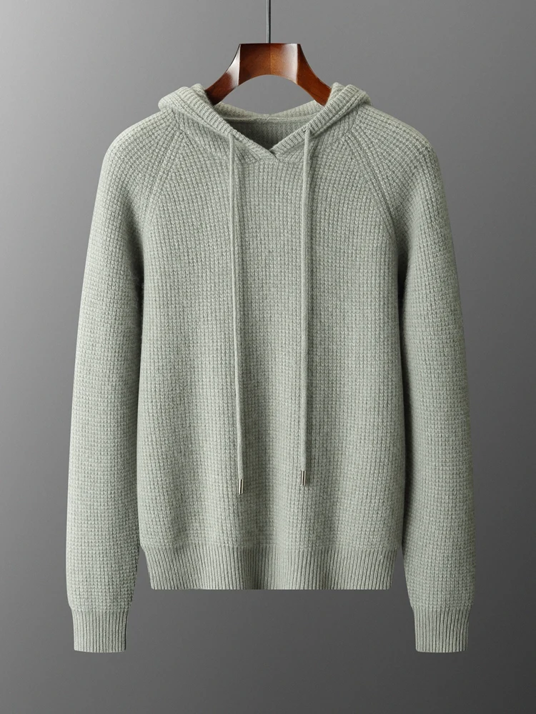 Men Hooded Pullover Sweater 100% Cashmere Knitwear Waffle Jacquard Autumn Winter Thicken Casual Soft Raglan Sleeve Clothing Tops