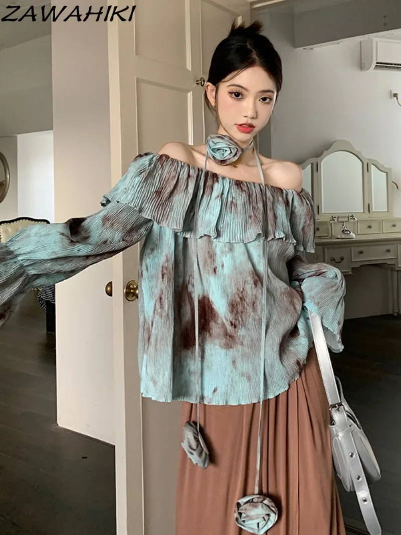 

Vintage Blouse for Women Tie Dye Ruffles Loose Top Female Flare Sleeve Slash Neck Women's Clothing Fashion Designed Ropa Mujer