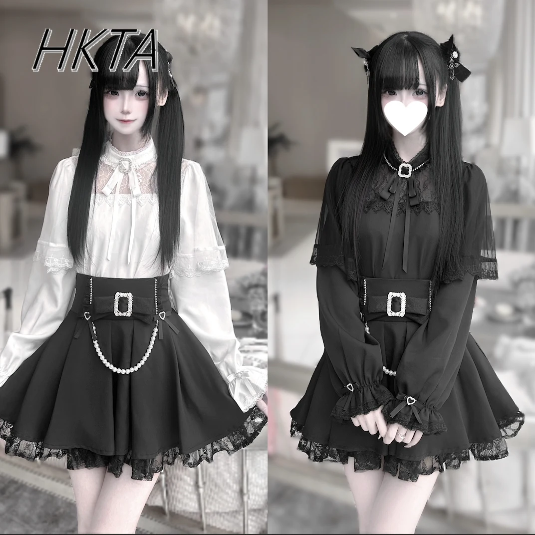 日本のダーク量産レースリボン黒長袖シャツ女性ブラウストップロリータパールウエストプリーツスカート 2 枚セット