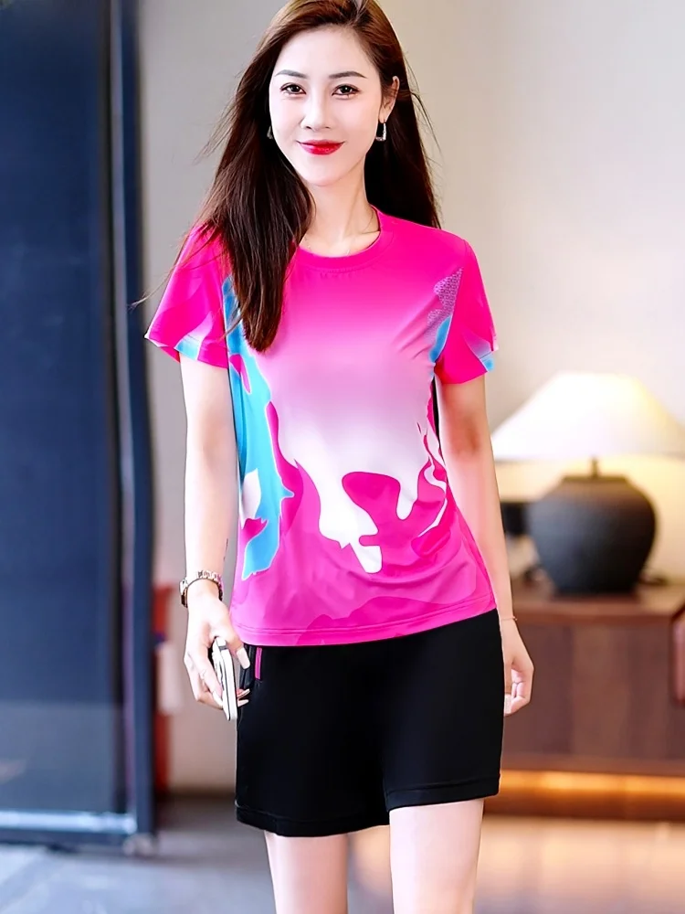 

Ice Silk Qui Dry Sports Suit Set Women's Summer Thin Breathable Camouflage Faion Morning Run Two Piece Set Casual Sportswear