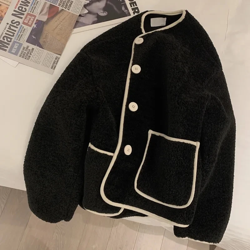 Khaki O-neck Lambhair Coat women\'s Autumn Winter New Korean Style Loose Long Sleeved Outwear Single Breasted Warm Short Top