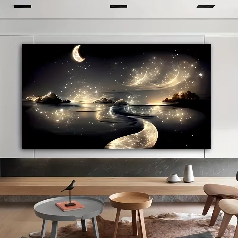 1pc Dreamy River Canvas Poster - Enchanting Nighttime Landscape with Sparkling Stars, Ideal for Modern Living Room, Bedroom, Hom