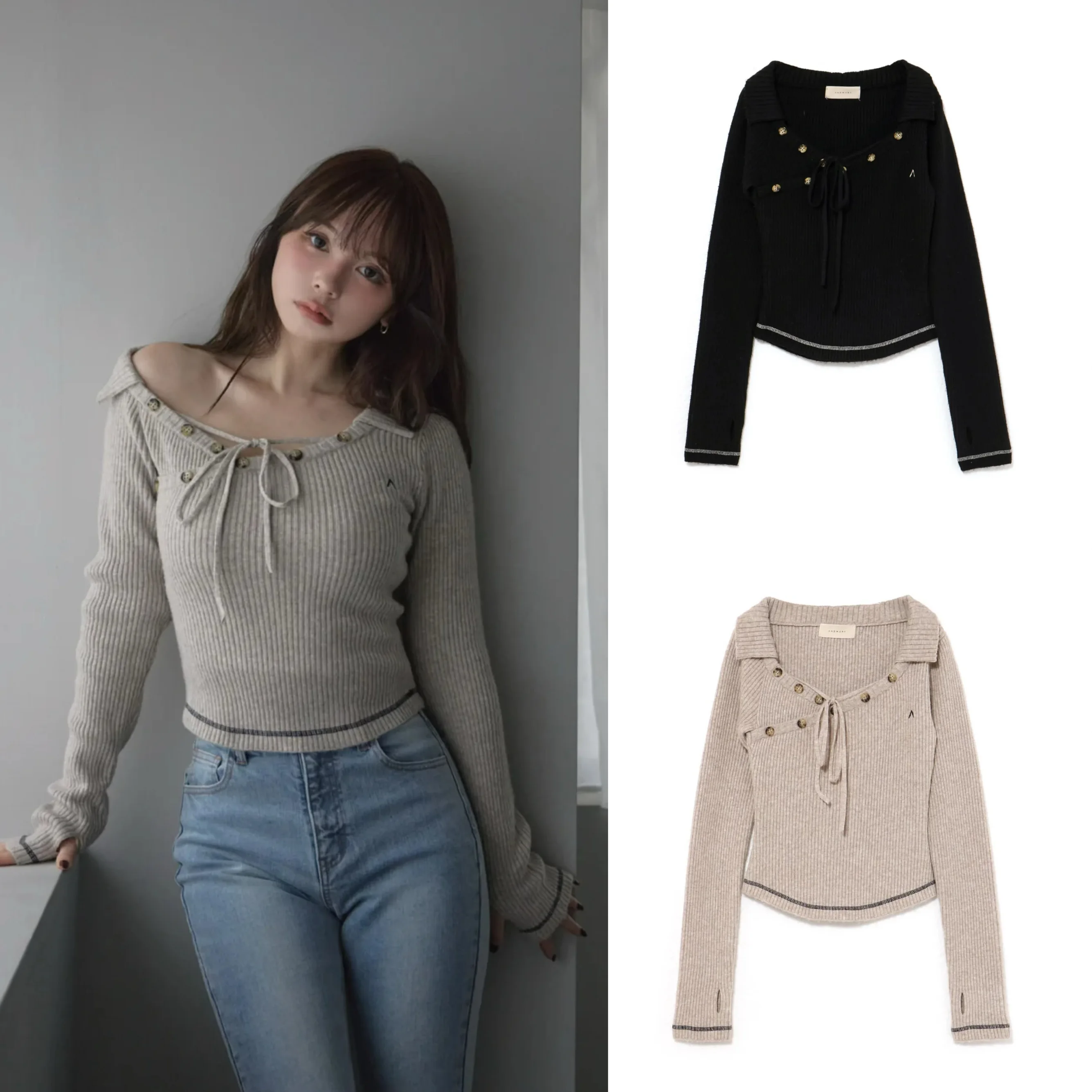 

Japanese Knitted Short Top Kawaii Strap Slanted Shoulder Long Sleeve Splicing Stitching Y2K Sweet Casual Daily Street Style Top