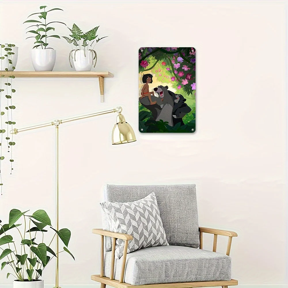 قطعة واحدة من لافتة ديزني دونالد داك ميكي بلوتو مقاس 8 × 12 بوصة من القصدير المعدني - لوحة فنية جدارية لمشهد الغابة العتيق مع الصبي والدب، غرفة نابضة بالحياة ديسمبر #4