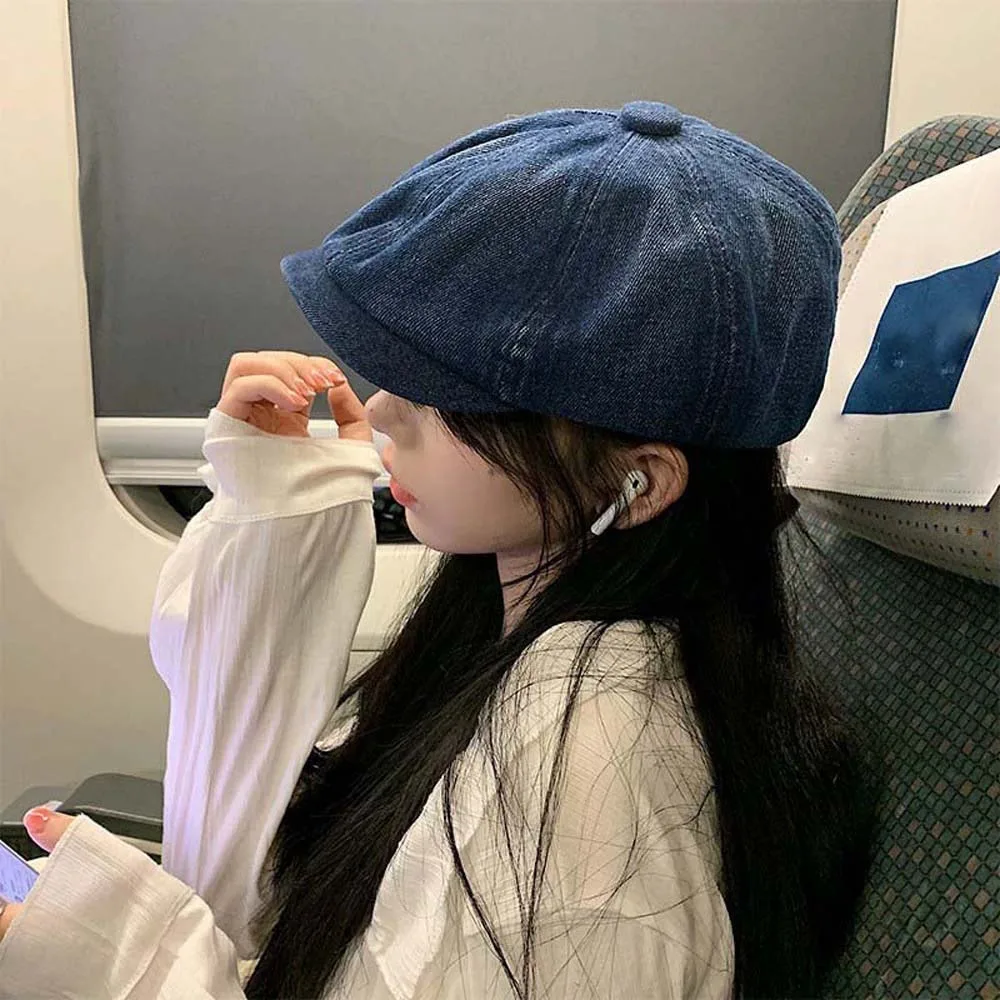 

Casual Cotton Denim Berets Cap Street Style Japanese Style Women Artist Hat Big Head Circumference Blue Retro Forward Hat Party