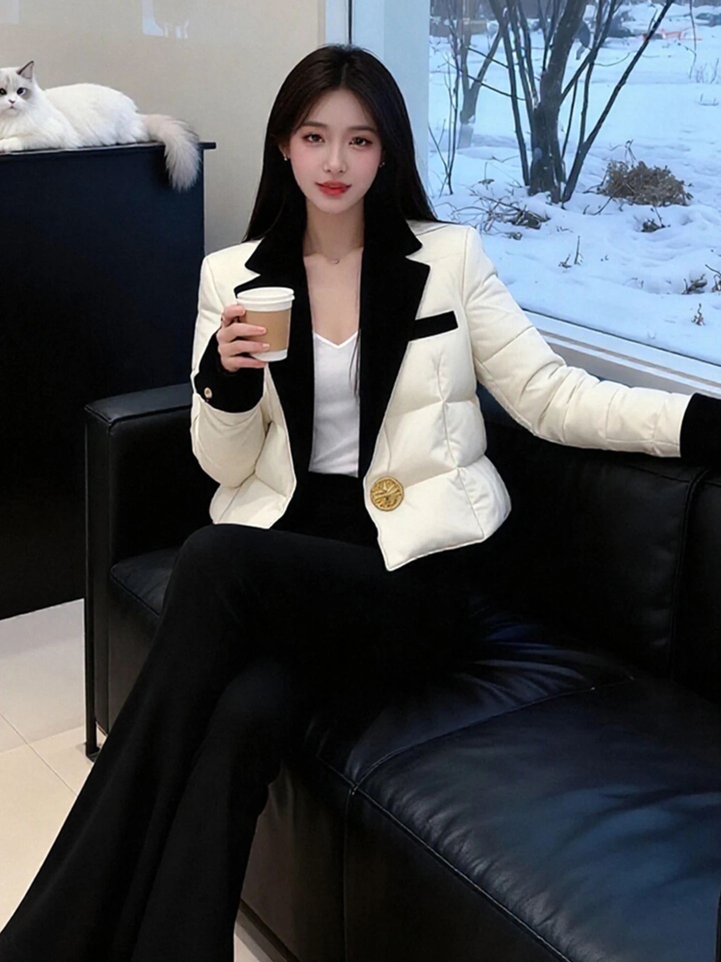 

White ort down Cotton Jaet Women's Winter Large Size Warm High Quali Suit Collar Color Blo Retro Sle Faionable Coat