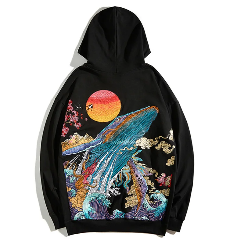 Whale Embroidery Men Cotton Hoodies Loose 2024 New Spring Autumn Unisex Casual Hoody Black / White