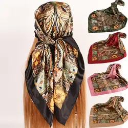 Large Cashew Flower Printed Hair Scarf Sunscreen Imitation Silk Square Smooth Retro Scarf Outdoor Women's Turban Hair Scarf