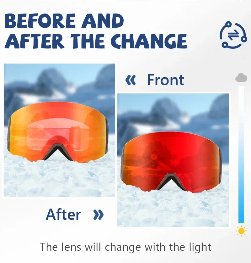 Kapvoe Photochrome Skibrille, magnetische Antibeschlaggläser, UV400-Schutz, für Herren und Damen, Skibrille, Schnee-Sonnenbrille, Sportbrille – Detail 3
