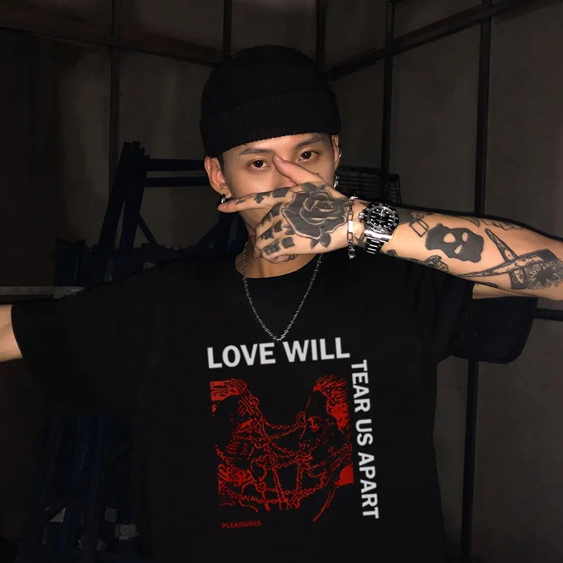 Hip Hop Love Will Tear Us Apart Punk T Shirt Men Oversized Tops Streetwear Summer Men's T-shirt Harajuku Letter Tee