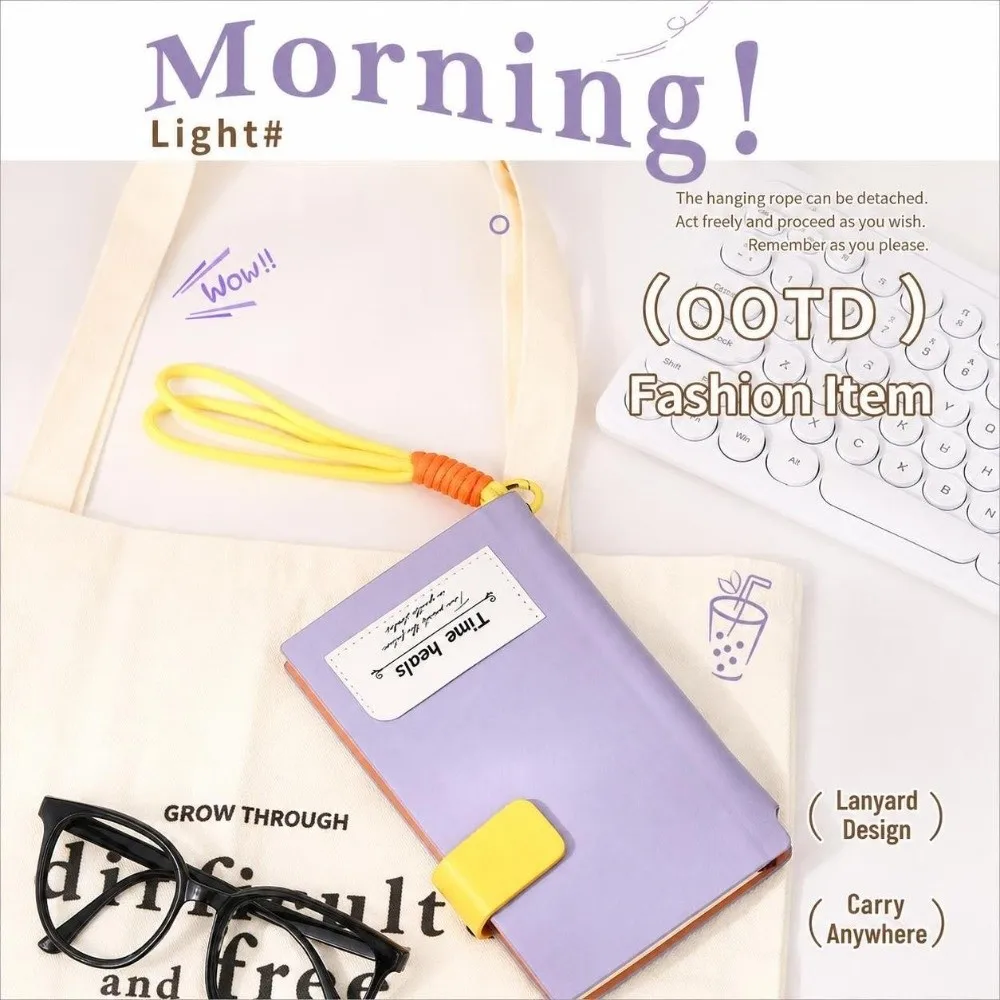 Portable A6 Notebook Lined Paper Color-blocking Journal with Lanyard Snap Button Closure Pocket Memo Book Note Taking