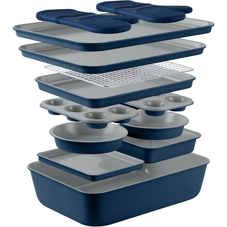 

Nonstick Stackable Bakeware Set - Durable, Easy Release Baking Set, Denim, 13 Pcs