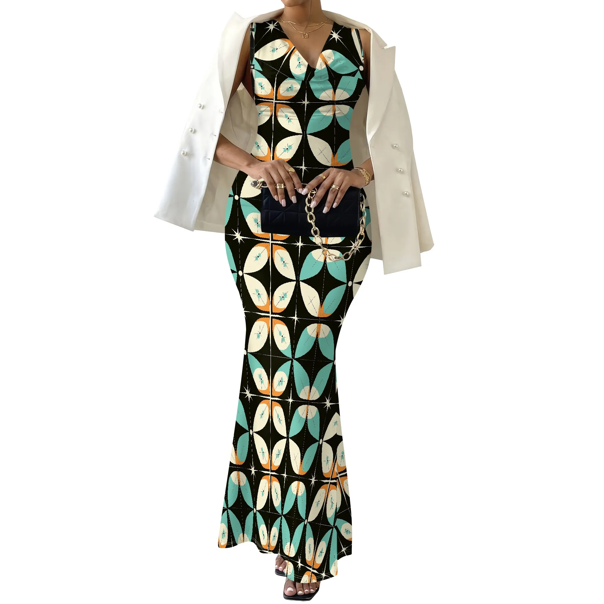 Retro Geometric Print Maxi Dress XS-2XL, Sleeveless V-Neck Dress for Women, Ideal for Vintage-Inspired Parties & Casual Events