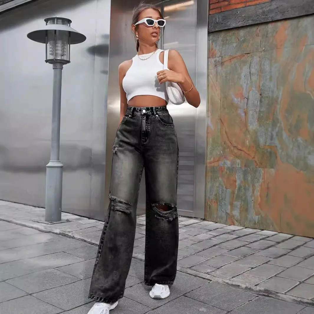 Retro Faded Denim Jeans Women High Waist Wide Leg Pants Spring Autumn New Style Hole Punching Draping Slimming Effect