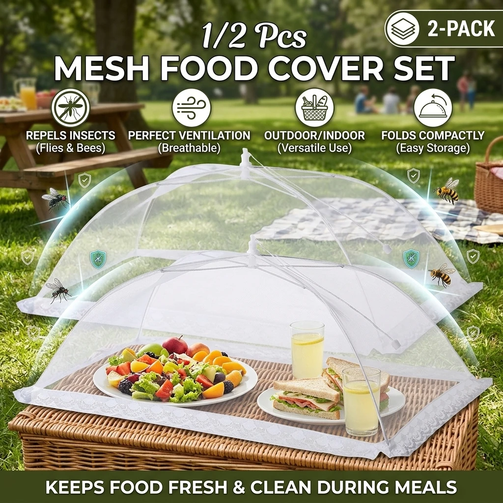 1/2Pcs Large Pop Up White Mesh Food Cover Tent Foldable Washable Breathable Anti Mosquito Umbrella Kitchen Accessory For Picnic