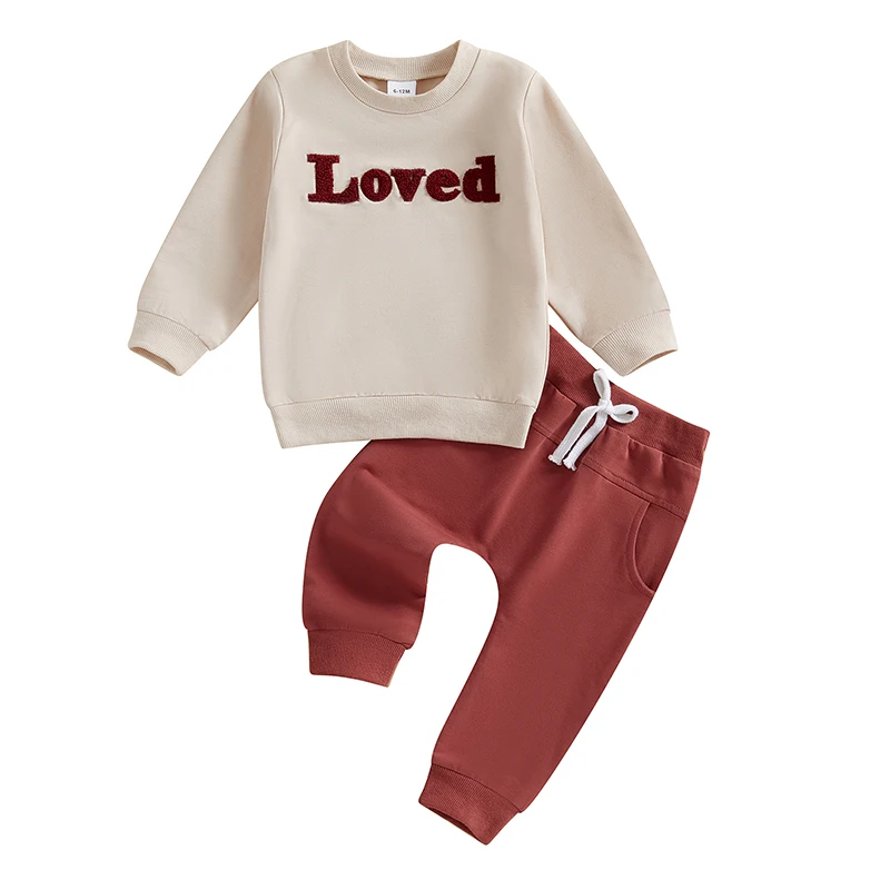 

Baby Boy Valentine’s Day Outfits Long Sleeve Letter Embroidery Sweatshirt Pants Set Toddler Clothes