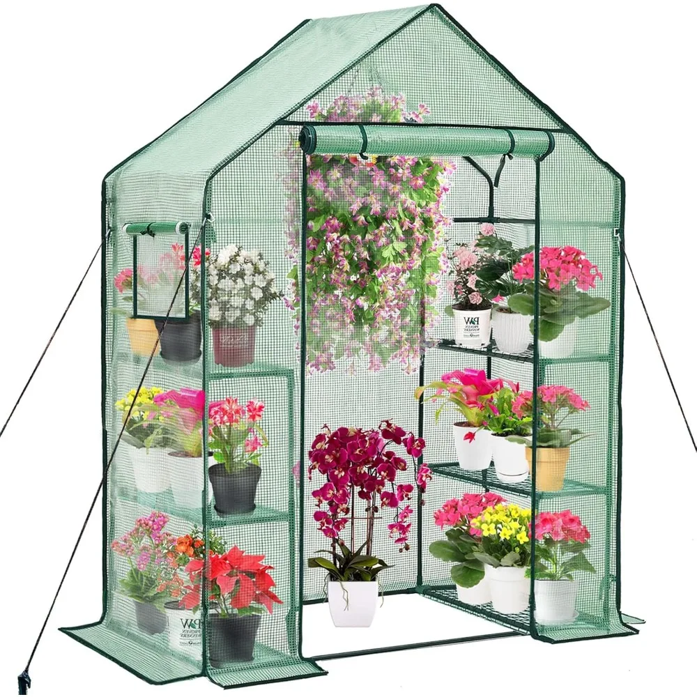 

Walk-in Greenhouse for Outdoors w/ Mesh Side Windows, 3 Tiers 6 Shelves PE Cover Green House Portable Warm House for Seedling Fl