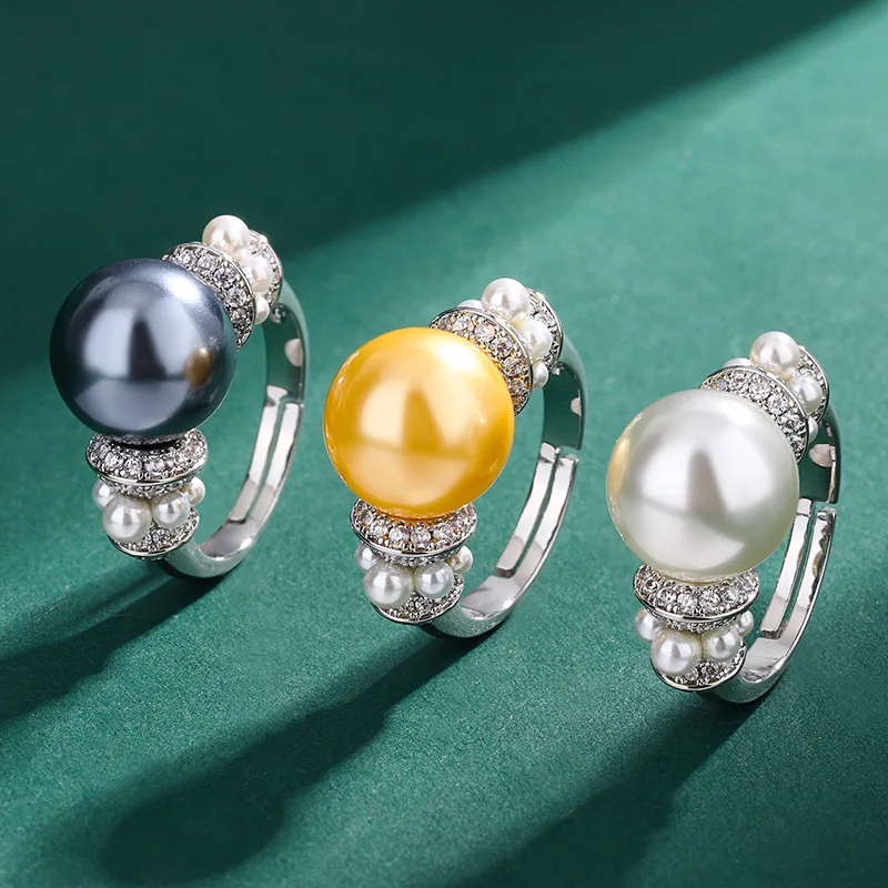 

12mm Round Yellow White Gray Color Shell Pearl Micro Pave Clear Cubic Zircon Adjustable Ring