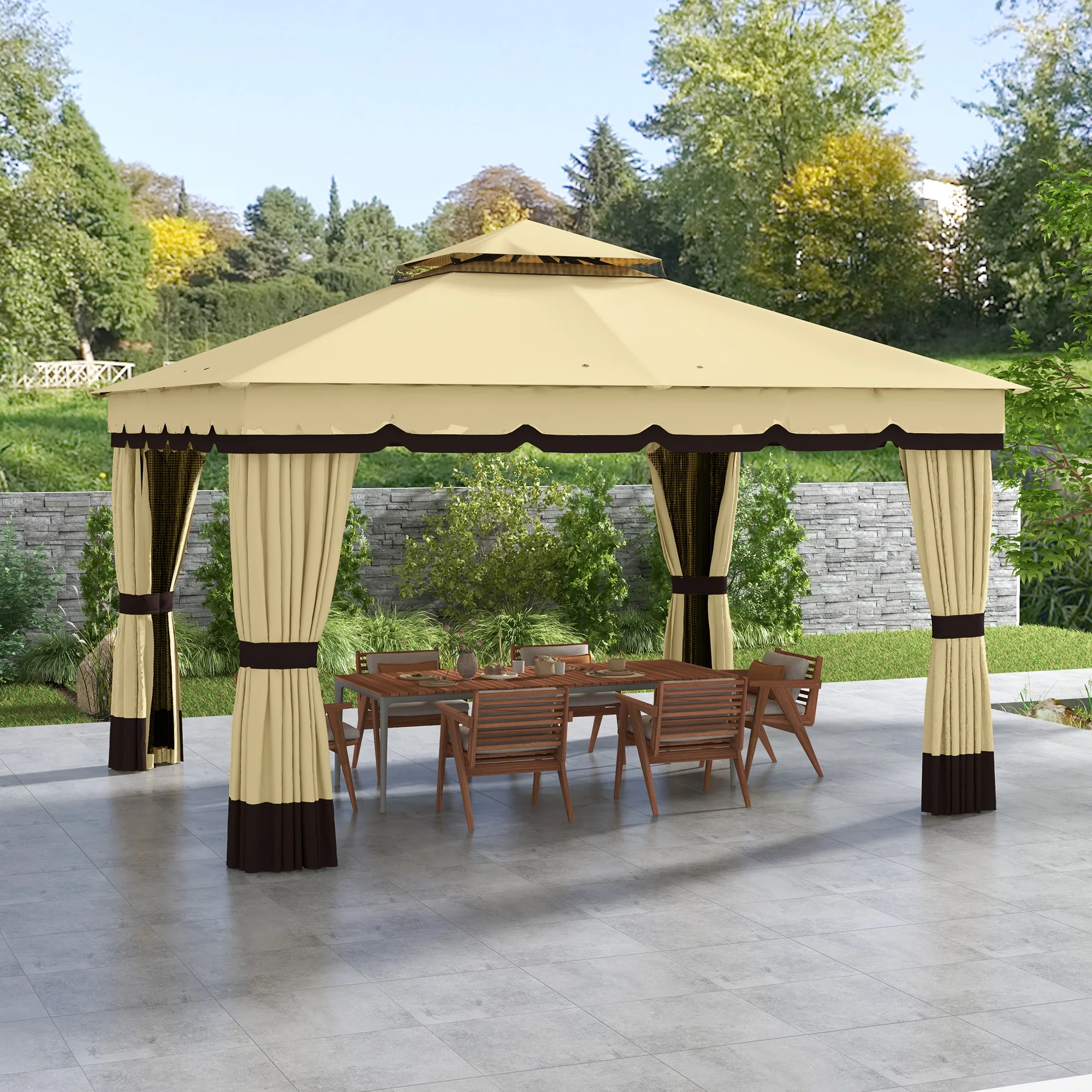 Outsunny 10' x 12' Double Roof Outdoor Gazebo with Netting & Curtains