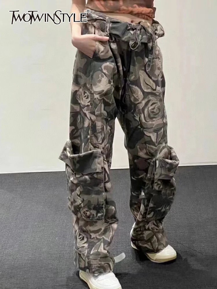 

TWOTWINSTYLE Colorblock Camouflage Pants For Women High Waist Patchwork Drawstring Streetwear Loose Cargo Pant Female Style New