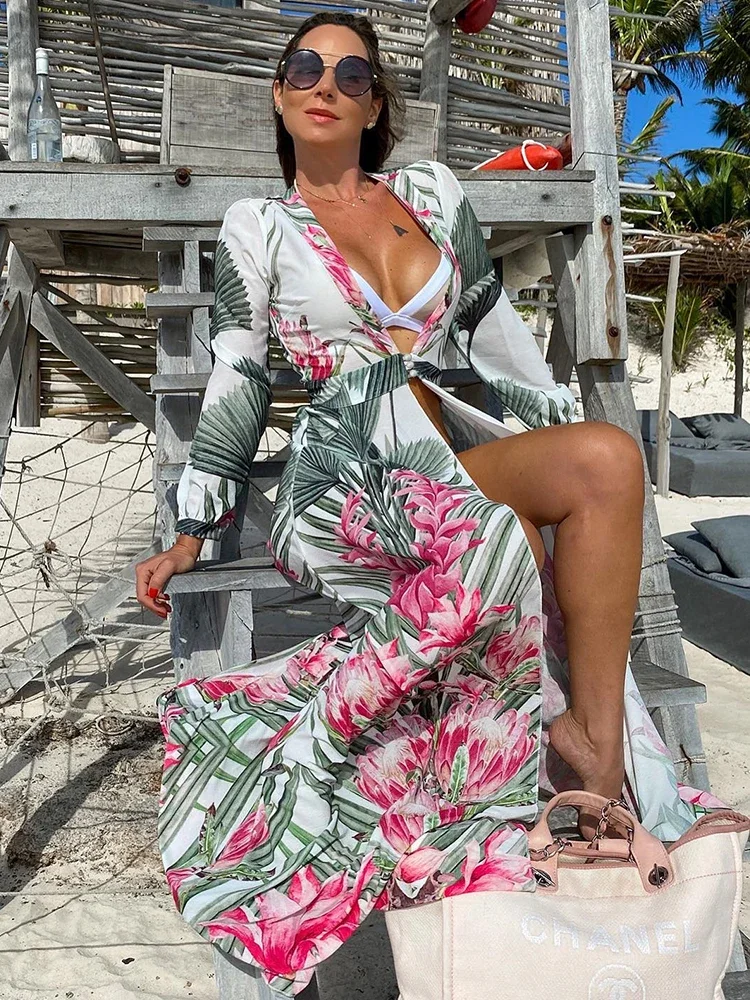 Bladeren Print Bikini Beach Cover up Tunieken voor Strand Lange Kaftan Bikini Cover up Robe de Plage Sarong Strand Badpak cover-ups