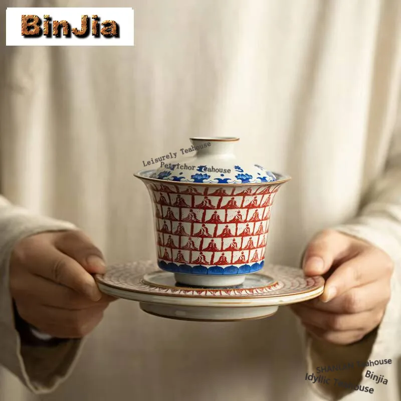 

Ru Kiln Тысяча Будды Крышка Чаша Дзен Керамическая Подкова Чайная Варень Творческий Противоожоговой Гайвань Чай Заваривание Чайных Предметов Украшения