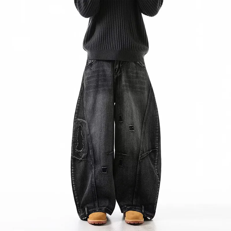 الكورية الرجعية زائد حجم ممزق الجينز الرجال واسعة الساق السراويل المنحنية المألوف عارضة فضفاض مستقيم الساق السراويل