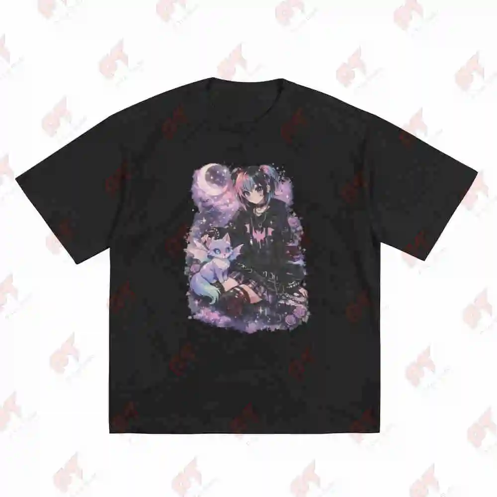 Pastel Goth Anime Bat Girl Kawaii Dragon Cat Moon Stars Celestial Art Harajuku Alt Fashion Soft Grunge Short Sleeve Tee 100% Cot