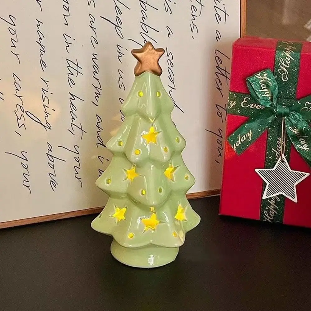 Stars Christmas Tree Figurine Bell Translucent Christmas Tree Night Lamp Ceramic Small Christmas Tree Ornaments Party Supplies