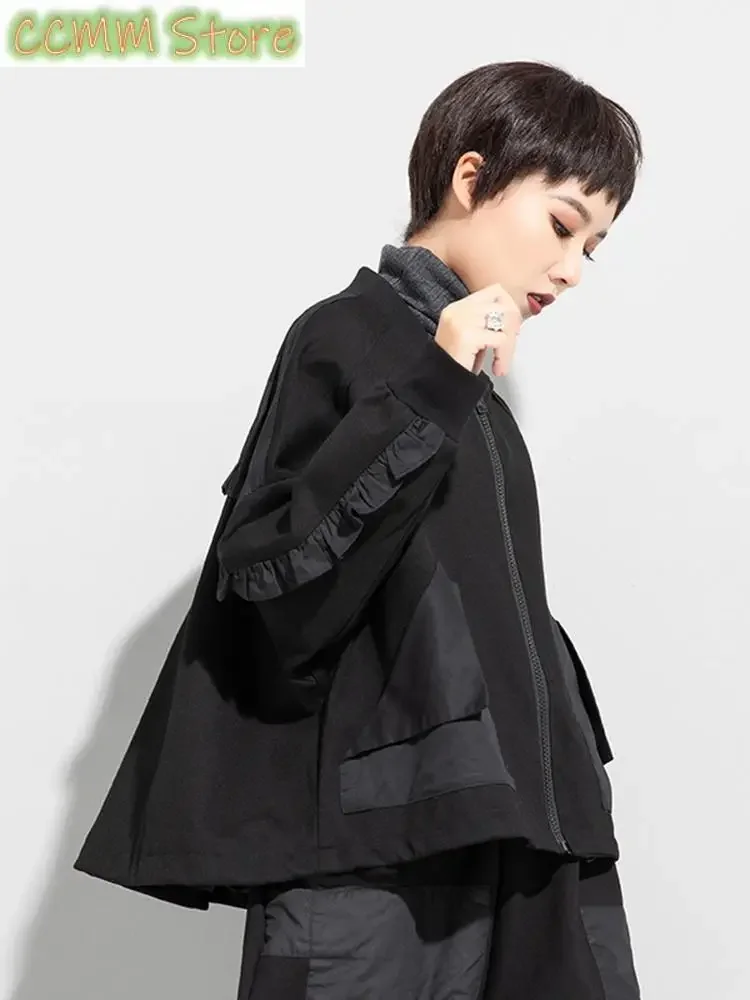Loose Fit Black Pocket Ruffles Big Size Jacket New Stand Collar Long Sleeve Women Coat Fashion Autumn Winter
