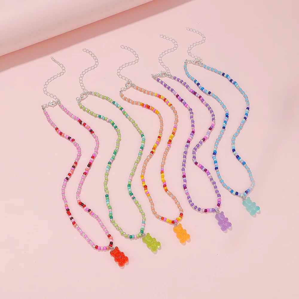 

Color Beads Handmade Beaded Necklace Cute Bear Gummy Pendant Cartoon New Children's Jewelry 5 Pack
