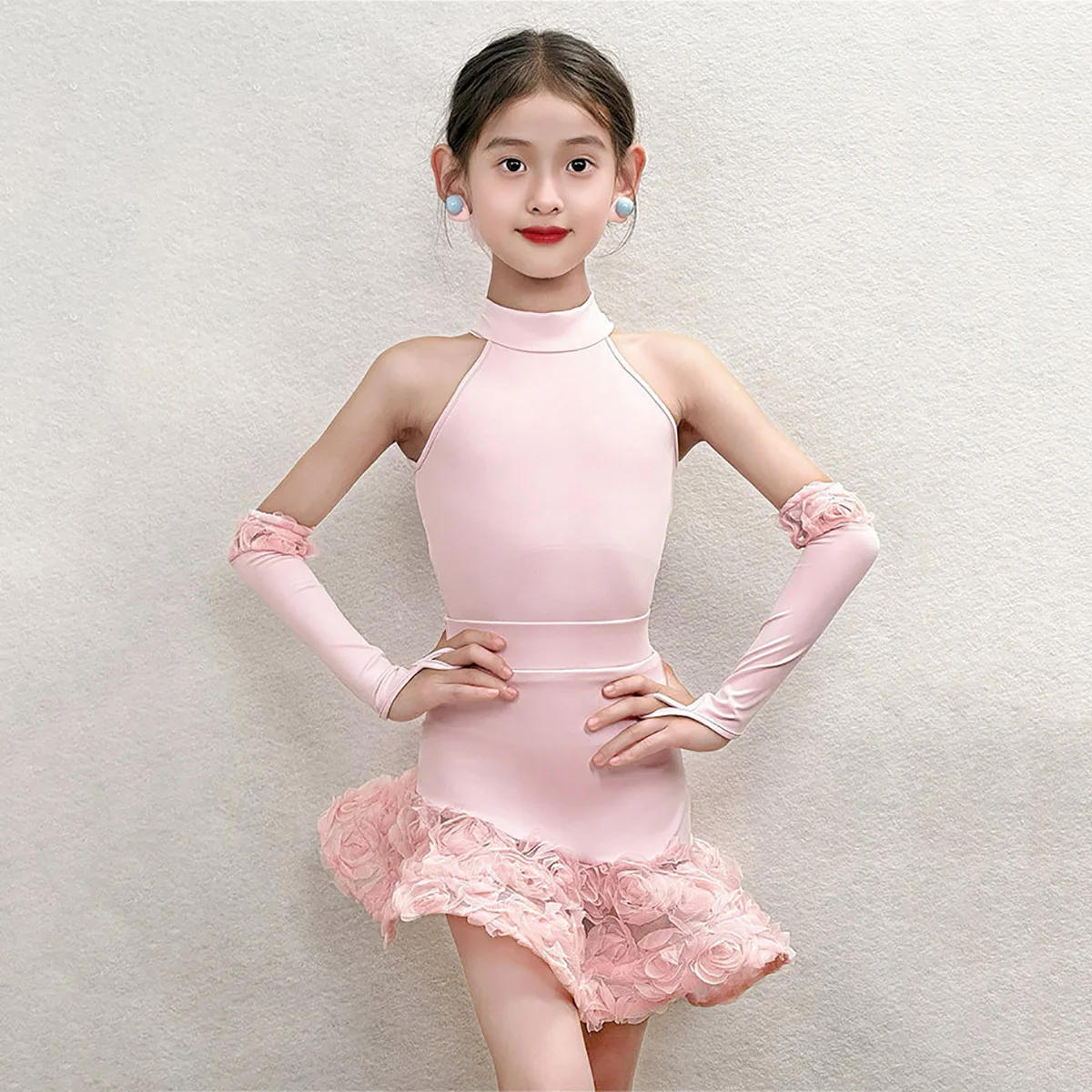 

Children Girls Latin Dancewear Practice Sleeveless Bodysuit and Rose Flower Ruffles Skirt Rumba Dance Competition Costume
