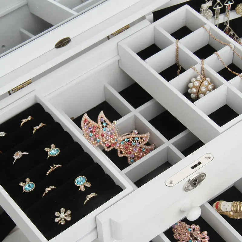 Wood Jewelry Box Big Size Ring Necklace Earrings Jewelry Boxes Organizer Velvet Tray Bangles Display Women Accessories Storage