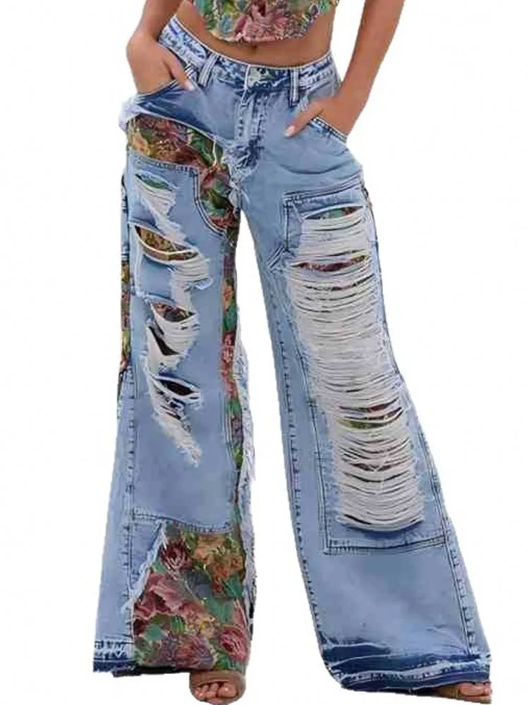 Vrouwen hoge taille wijde pijpen broek gat rechte broek lange jeans casual trendy broek 2025, herfst winter nieuwe denim broek